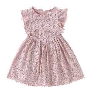 Baby Girl Pink Lace Dress with Pom Pom Trim Pink Easter dress- Size 6 months